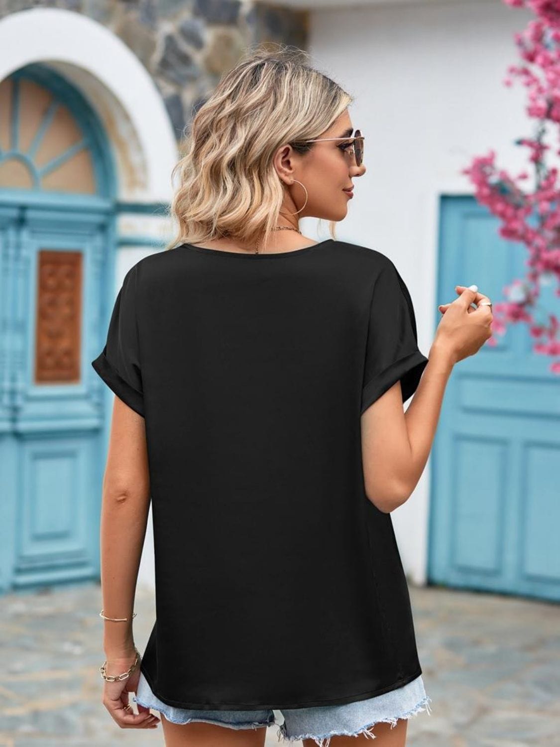 Full Size V-Neck Cuffed Blouse