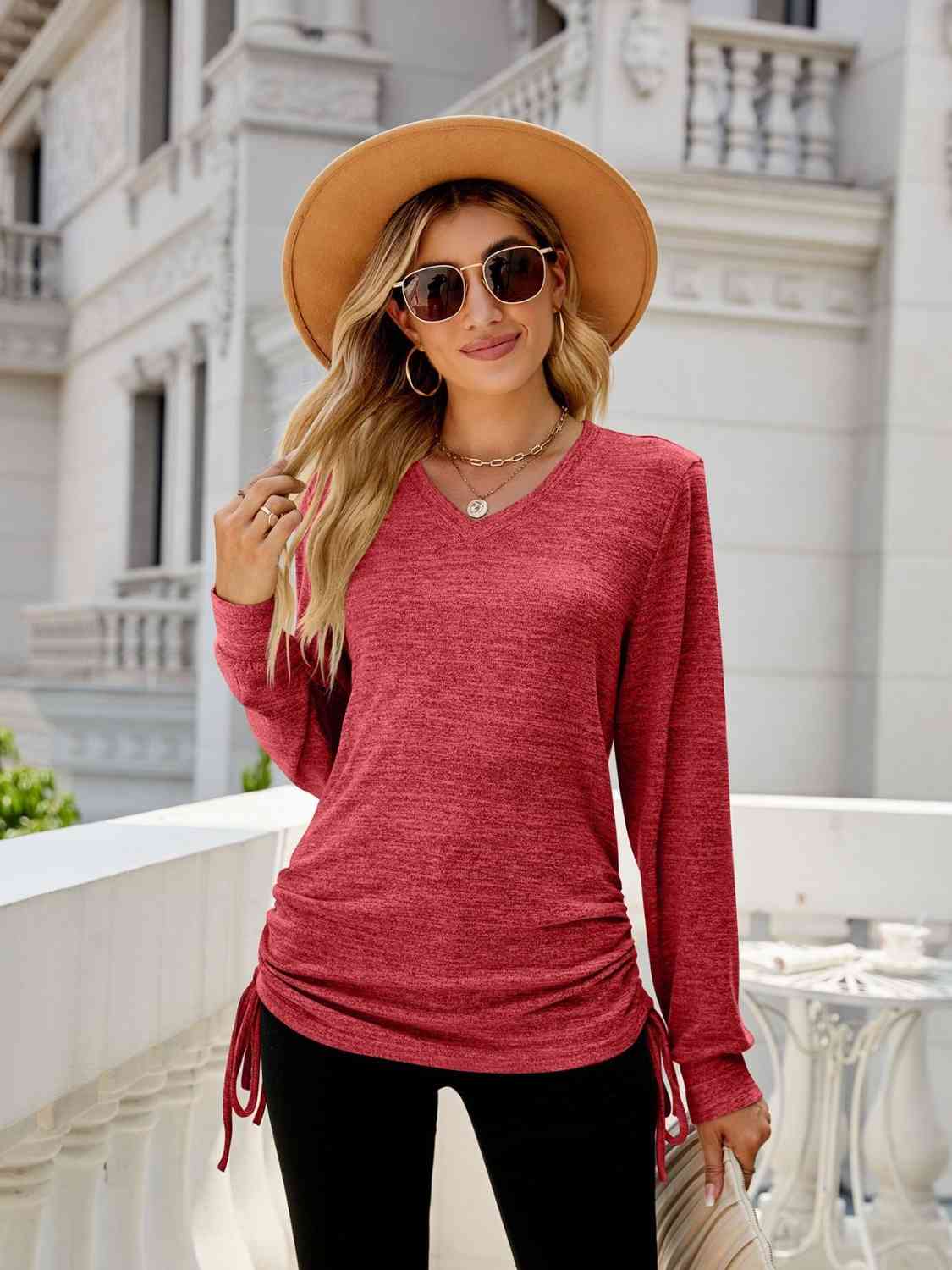 Full Size Drawstring V-Neck Long Sleeve T-Shirt