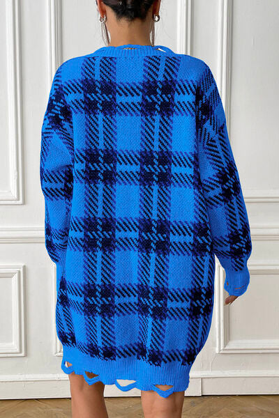 Plaid V-Neck Long Sleeve Sweater Dress