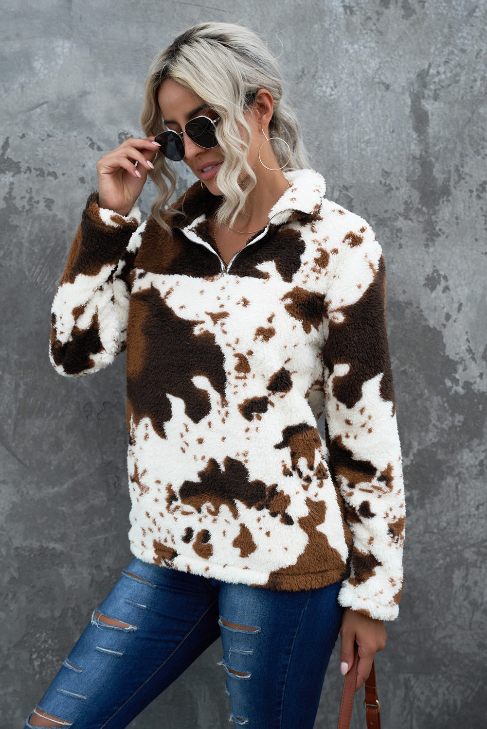 Full Size Cow Theme Quarter-Zip Long Sleeve Teddy Sweatshirt