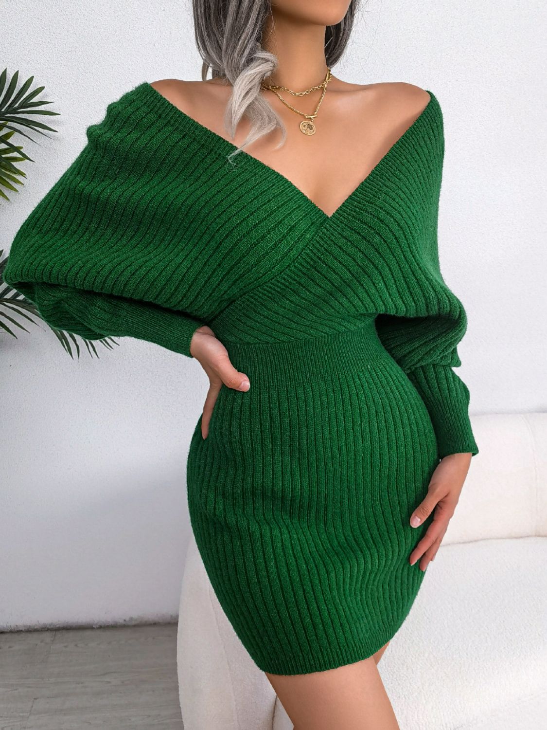 Delilah Rib-Knit Dolman Sleeve Sweater Dress