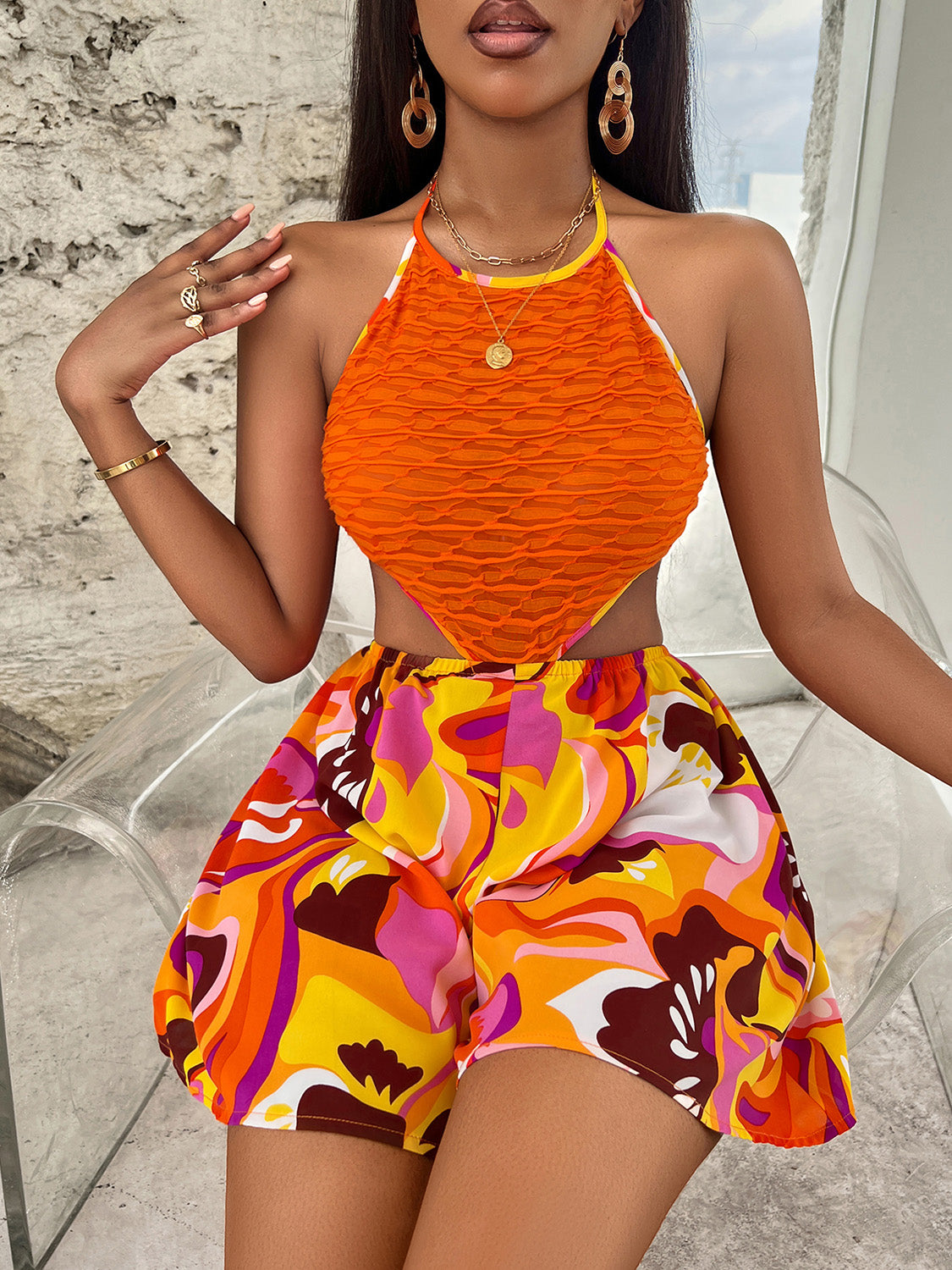 Orange Sleeveless Cutout Printed Mini Dress