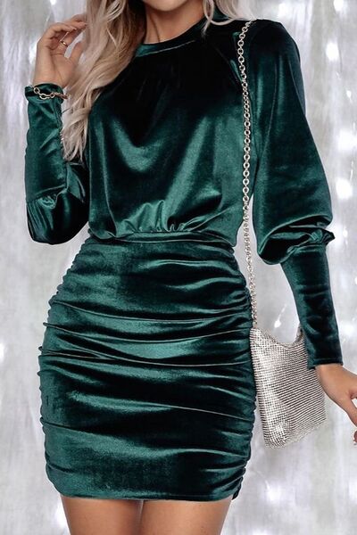 Green Ruched Round Neck Lantern Sleeve Mini Dress