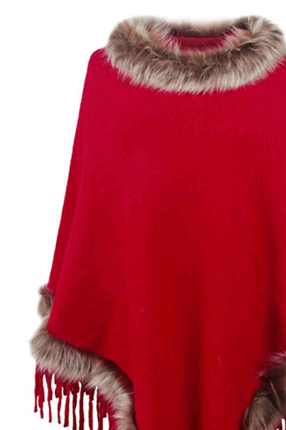 Country Rustic One Size Faux Fur Trim Fringed Poncho