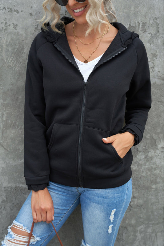 Full Size Lace Trim Zip-Up Hooded Jacket