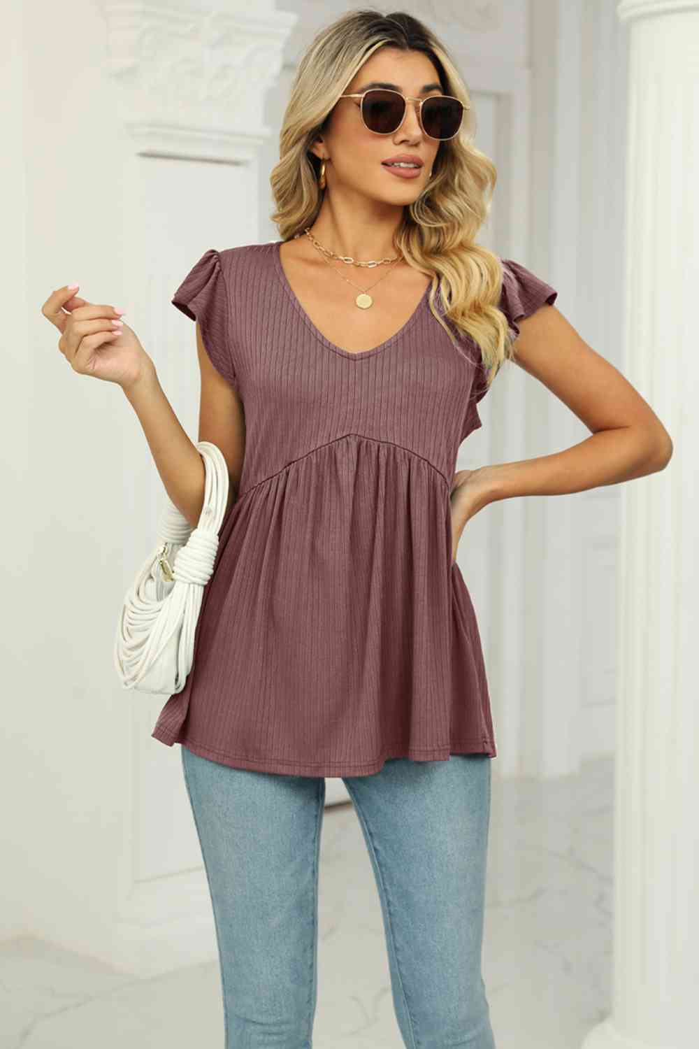 Full Size V-Neck Flutter Sleeve Babydoll Blouse