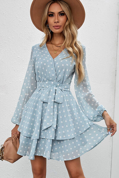 Tied Layered Polka Dot Balloon Sleeve Dress