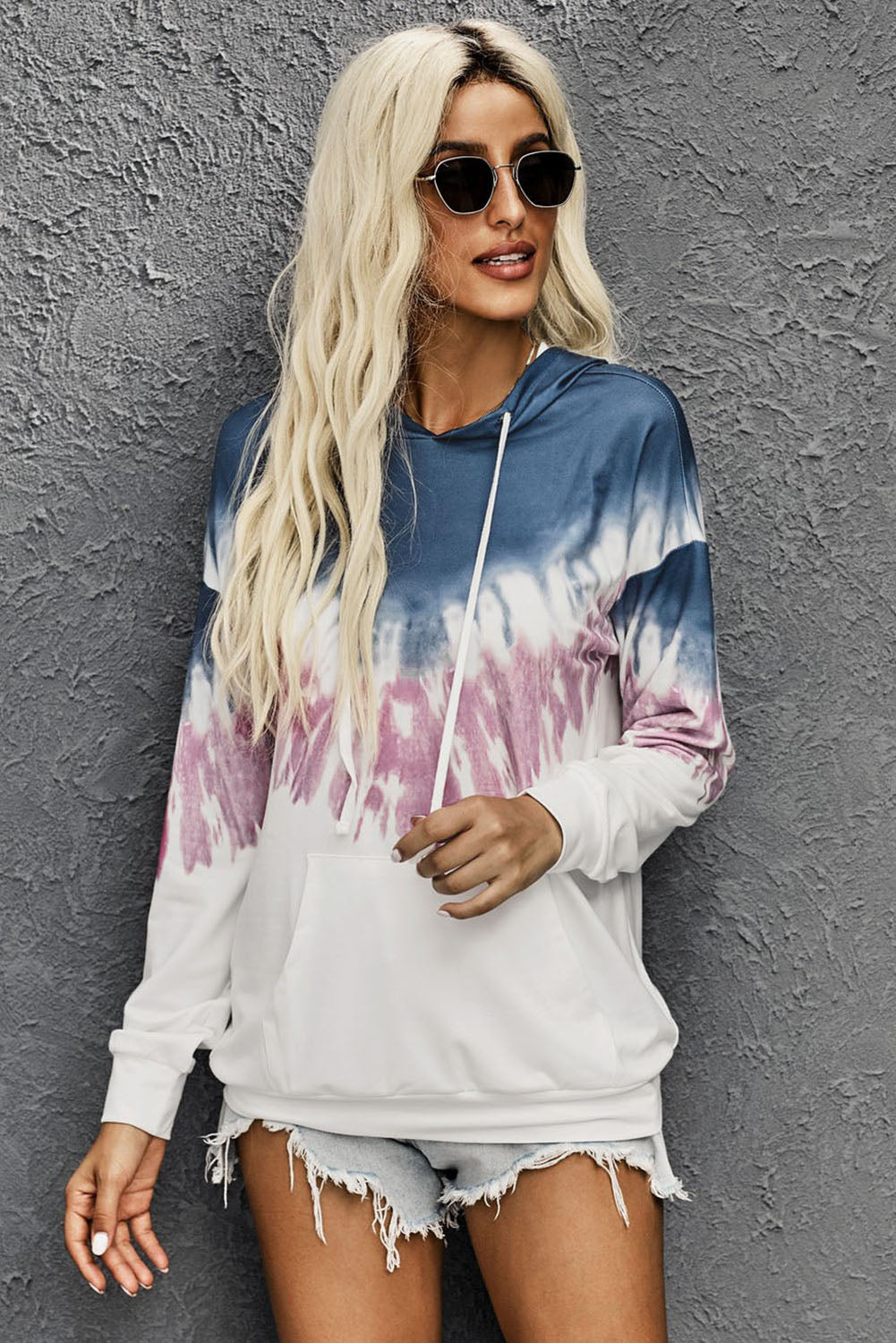 Full Size Oversized Boho Blue Tie-dye Drop Shoulder Hoodie