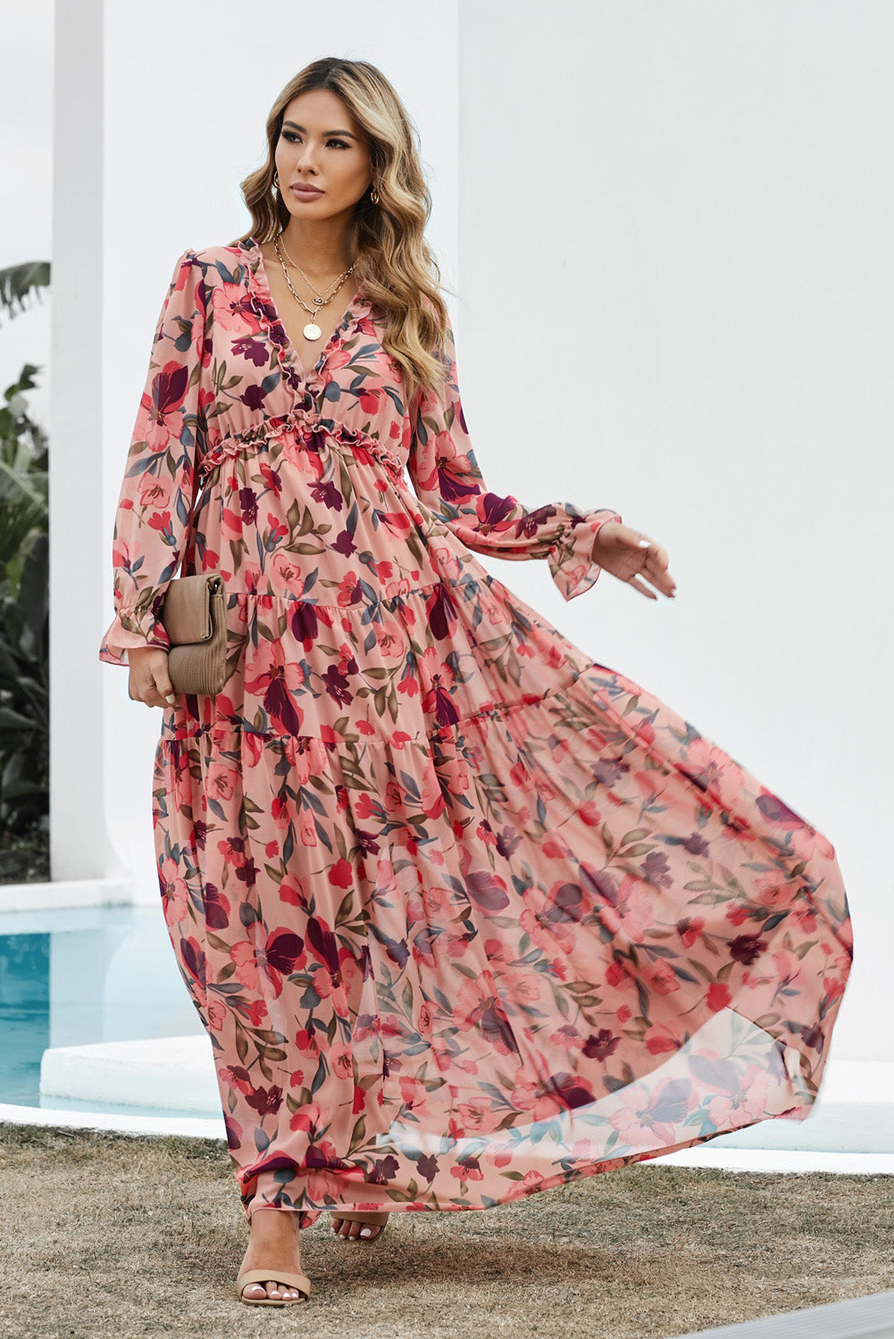 Women's Floral Frill Trim Flounce Sleeve Plunge Maxi Dress