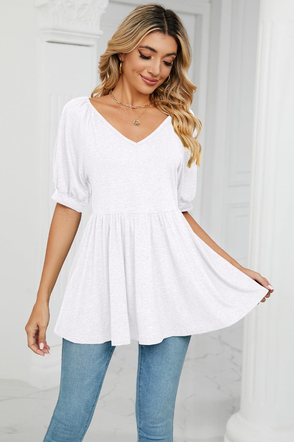 Full Size V-Neck Babydoll Top