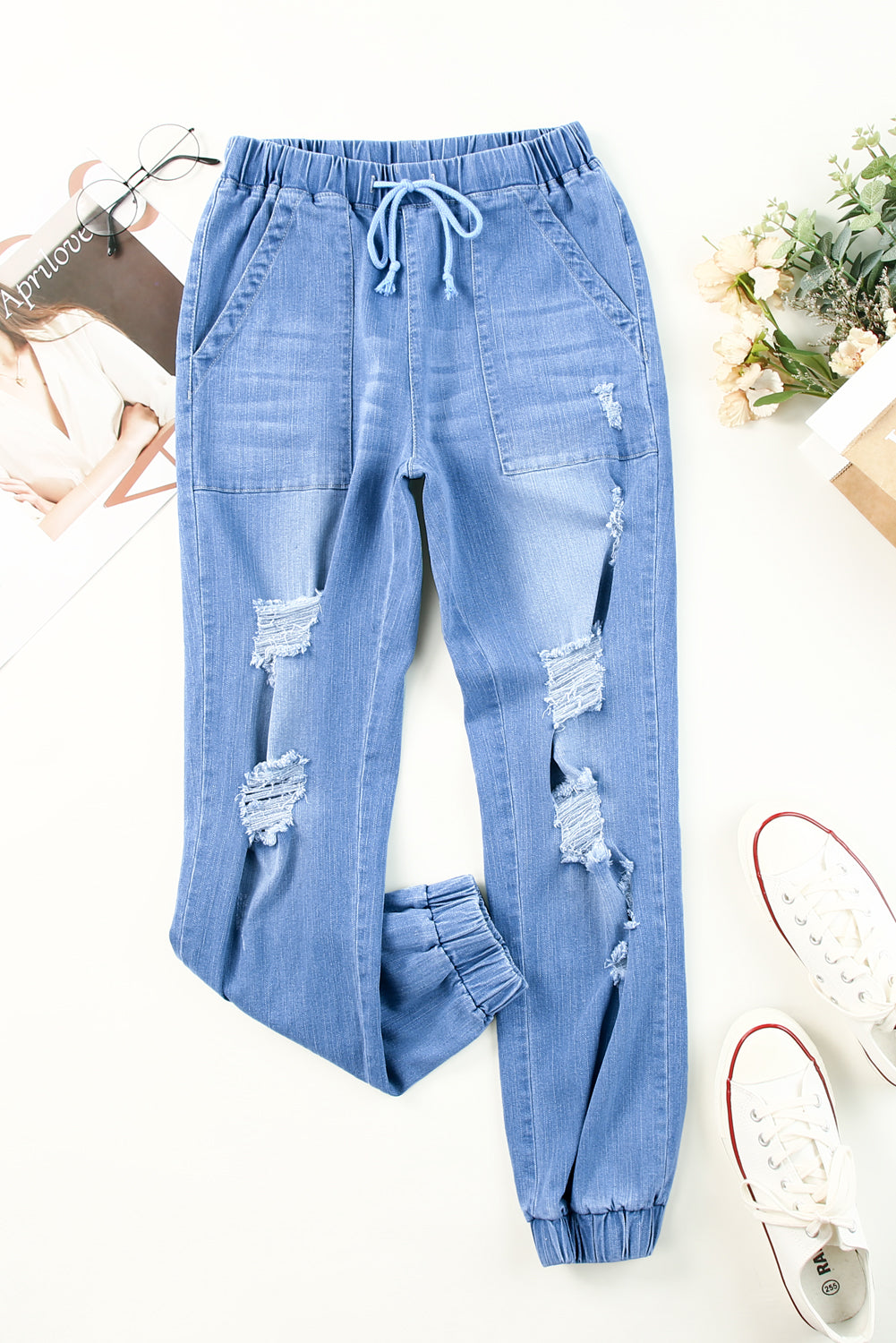 Women's Distressed Denim Pocketed Joggers