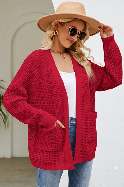 FULL SIZE Open Front Raglan Sleeve Pocketed Cardigan