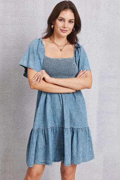 Larissa Bea Smocked Square Neck Mini Denim Dress