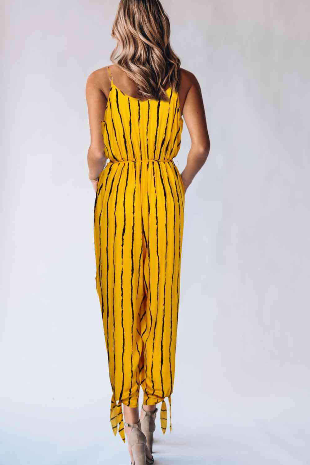 KenyaBay Striped Contrast Tie Ankle Spaghetti Strap Jumpsuit