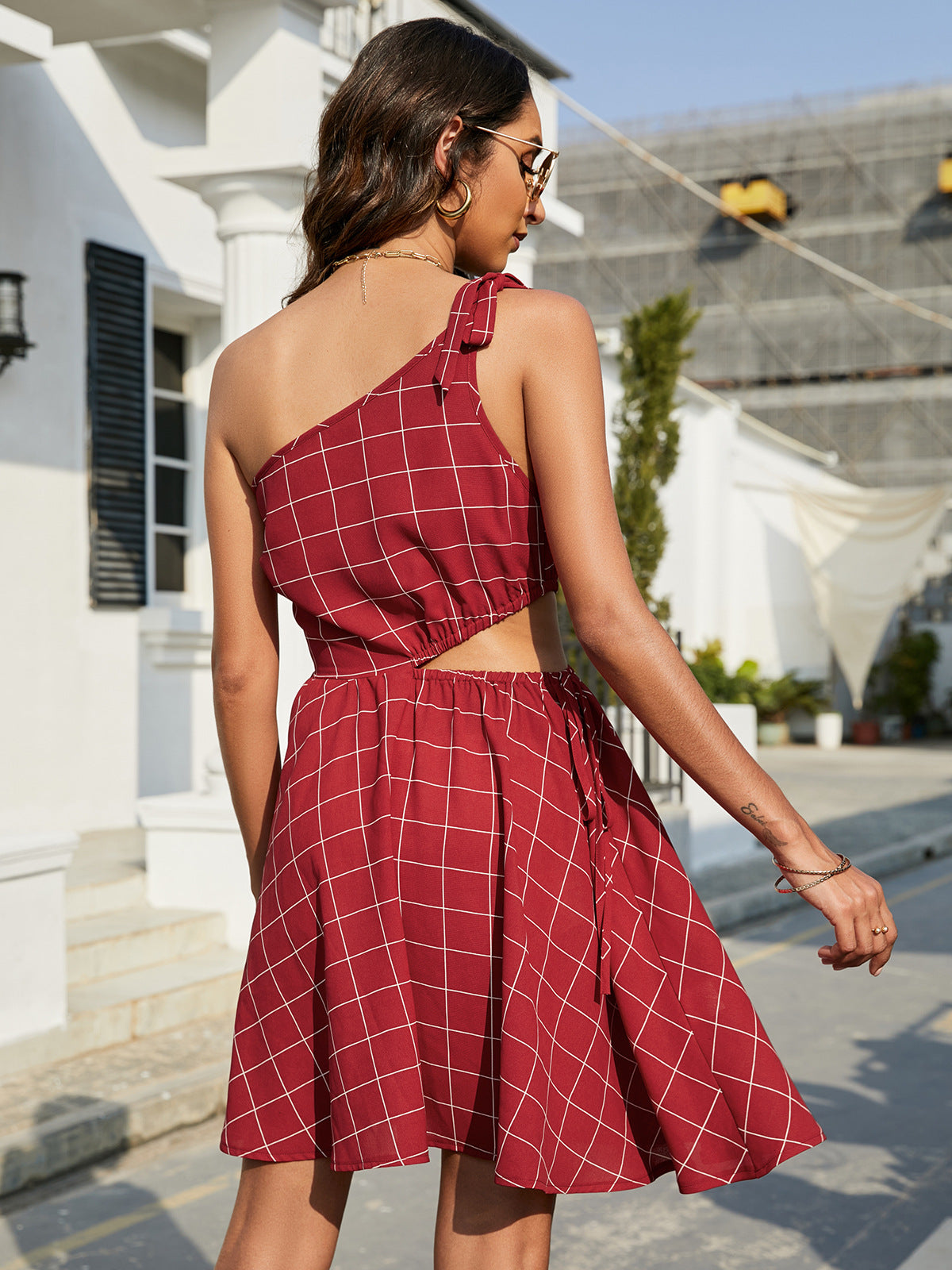 Women's Grid One-Shoulder Tied Cutout Dress