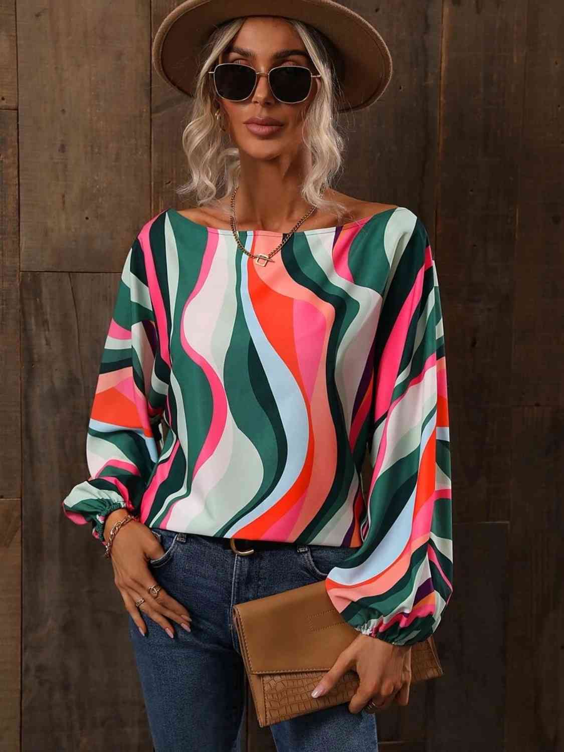 Full Size Printed Boat Neck Blouse