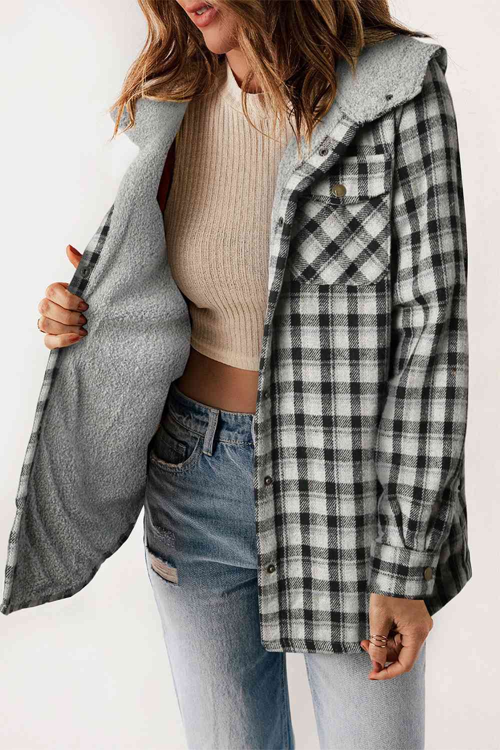 FashionToFigureTrends Plaid Snap Down Hooded Jacket