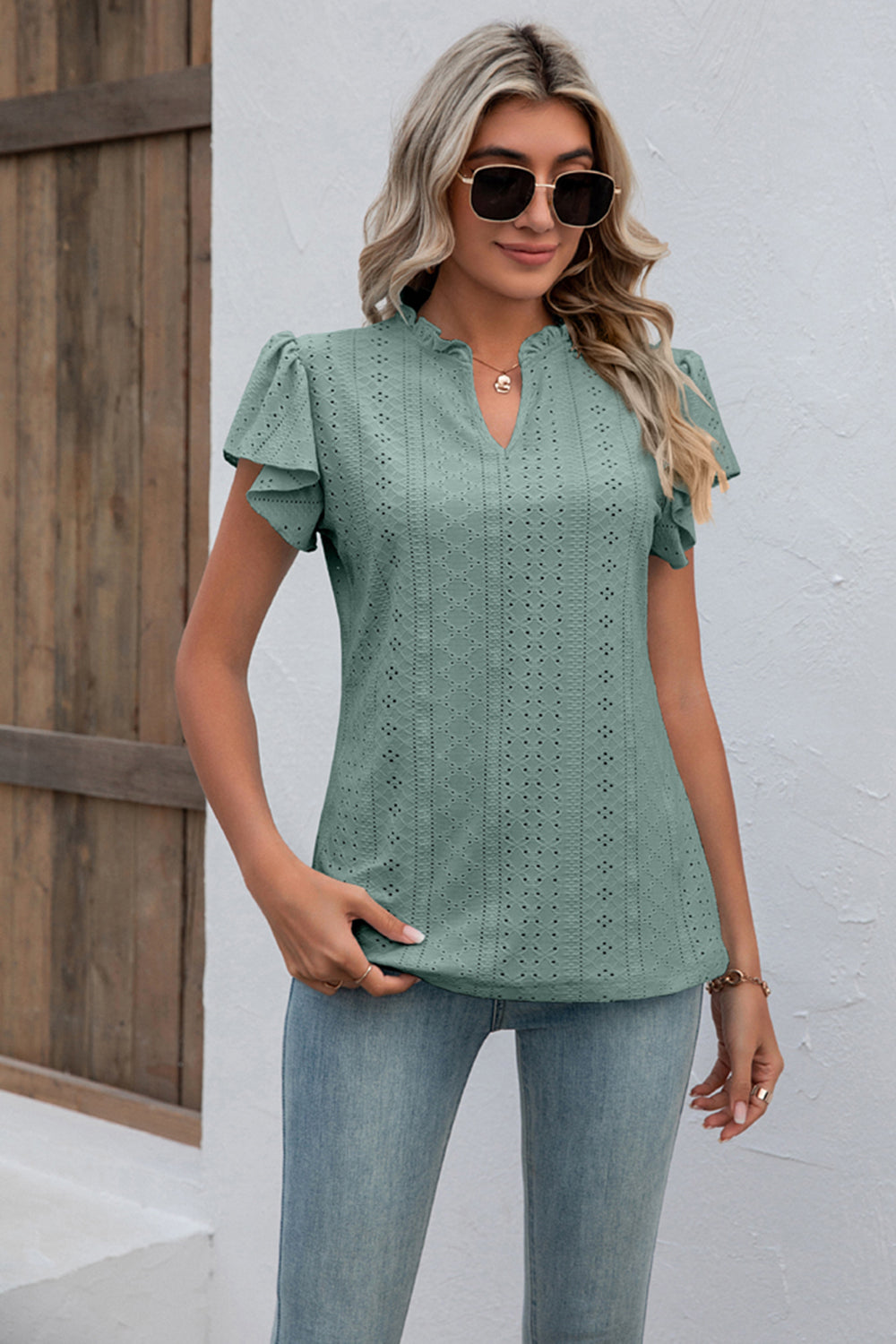 Full Size Eyelet Notched Neck Flutter Sleeve Top