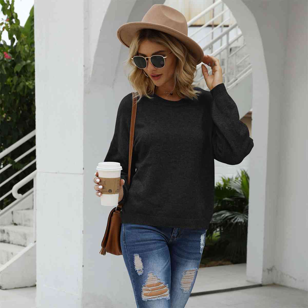 SnuggleTime Round Neck Long Sleeve Drop Shoulder Sweater