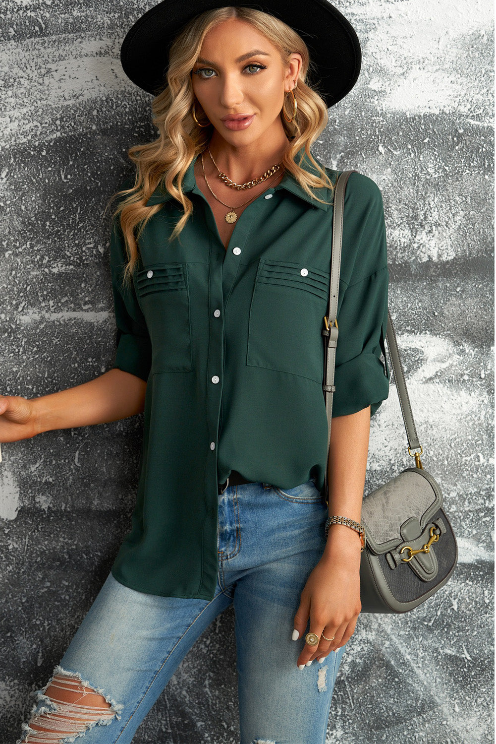 Women's Long Sleeved Full Size Button-Up Roll-Tab Sleeve Shirt