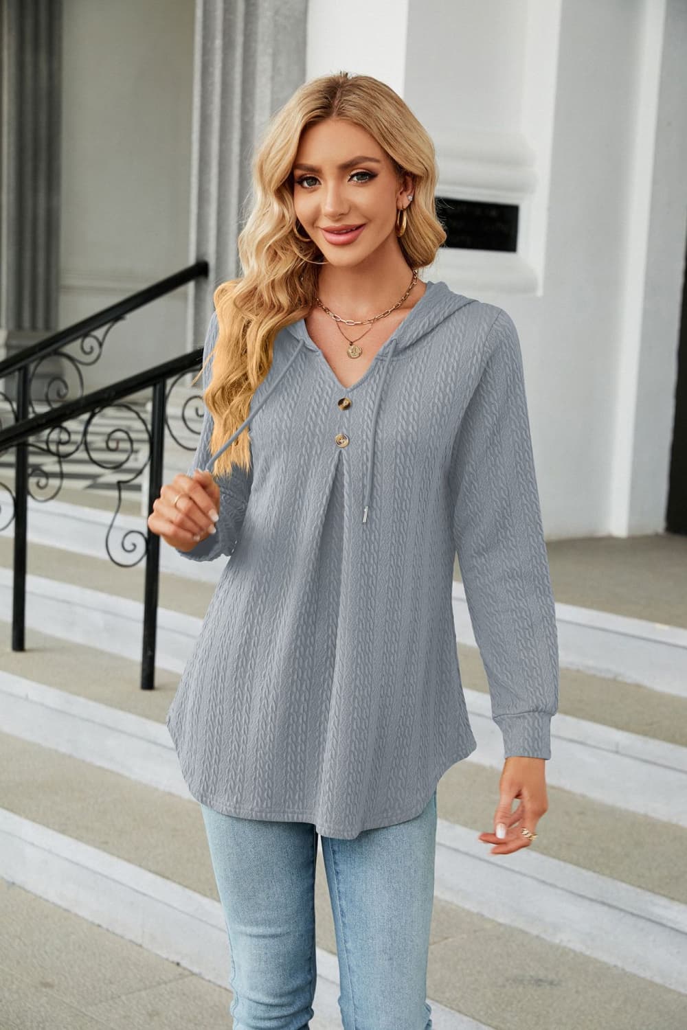 Full Size Long Sleeve Hooded Blouse