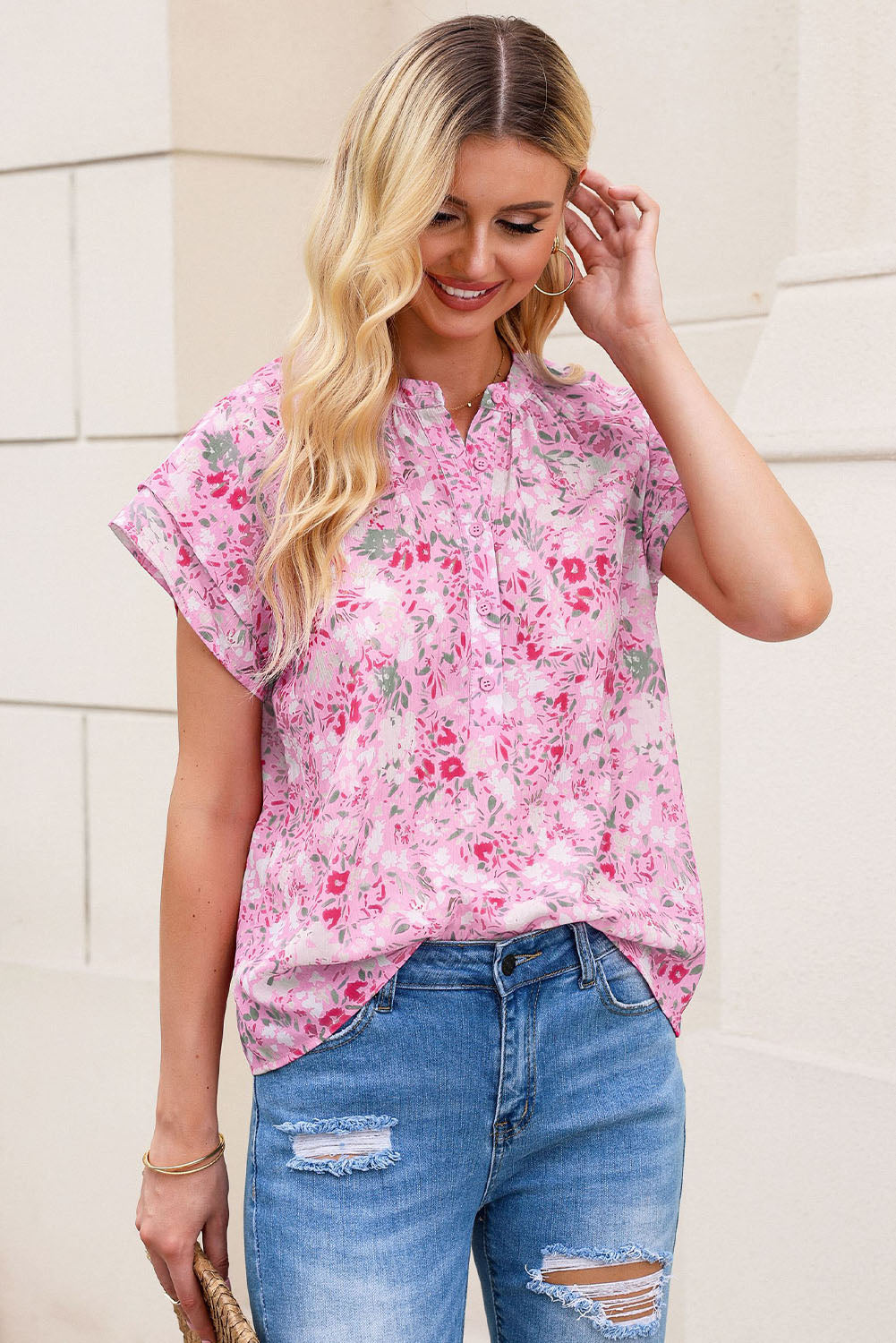 Malibu Dreams Floral Half-Button Flutter Sleeve Blouse