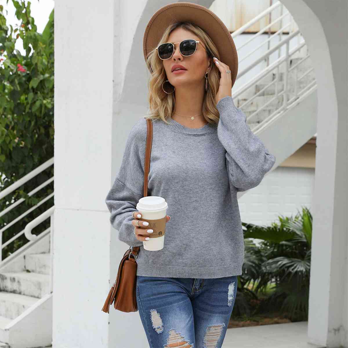 SnuggleTime Round Neck Long Sleeve Drop Shoulder Sweater