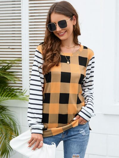 Women's HannahMea Plaid Striped Round Neck Long Sleeve T-Shirt