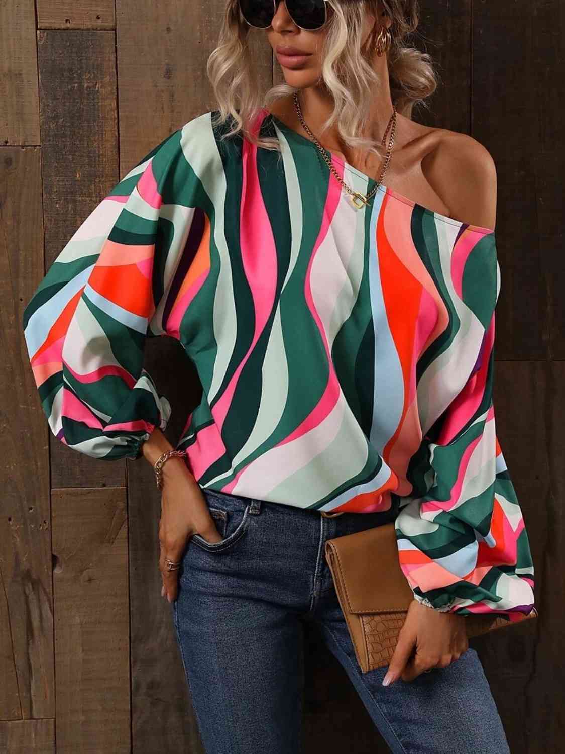 Full Size Printed Boat Neck Blouse