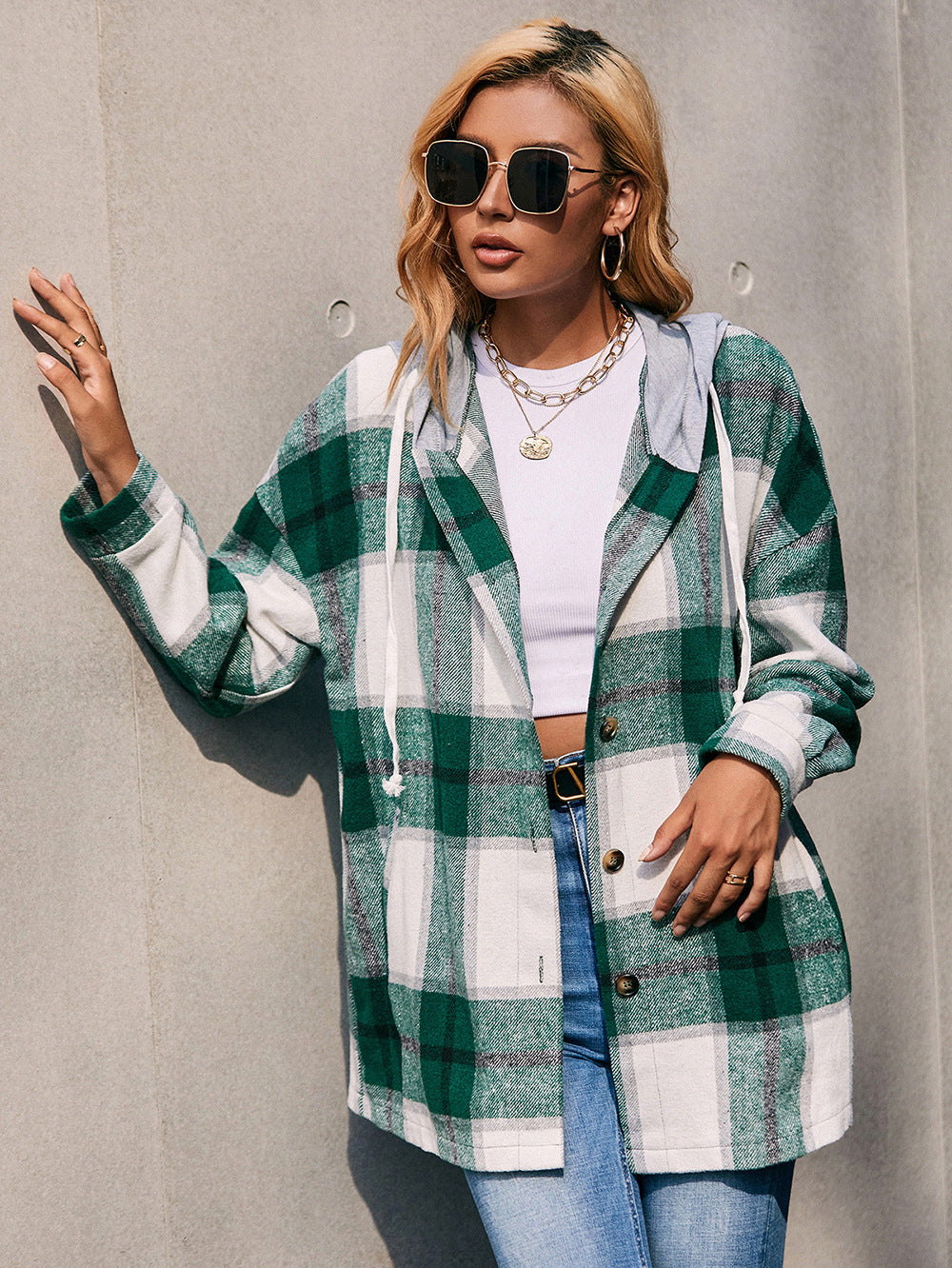 Outer Adventure Plaid Dropped Shoulder Hooded Jacket