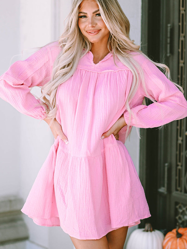 Fuchsia Pink Ruched Long Sleeve Mini Dress