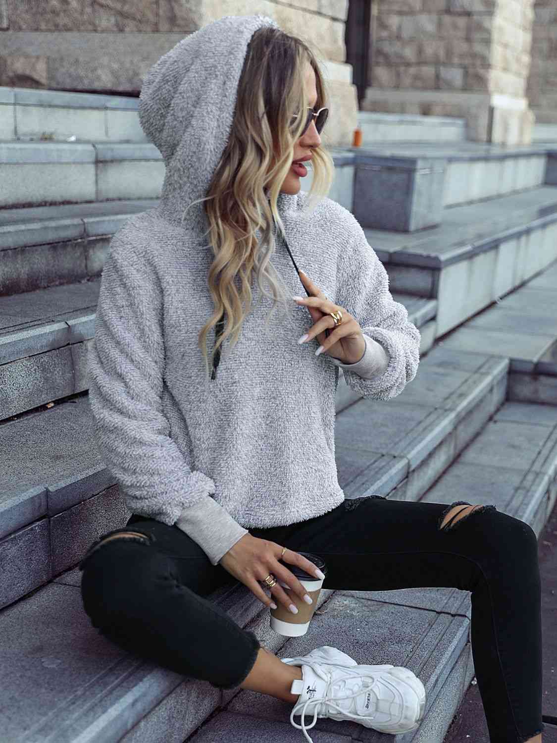 Full Size Light Gray Drawstring Teddy Hoodie