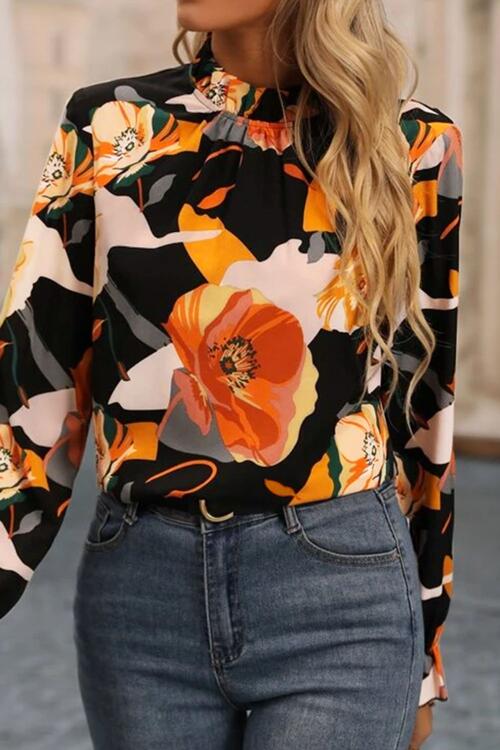 Floral Mock Neck Black Multicolor Flounce Sleeve Blouse