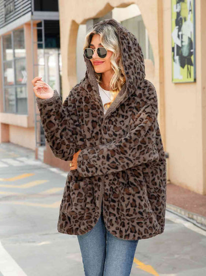 Adrien Planet Chestnut Leopard Hooded Coat with Pockets