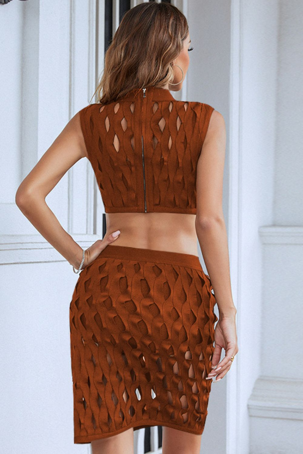 Women's Openwork Cropped Top and Skirt Set