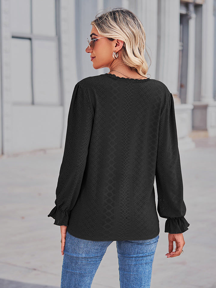 Full Size Eyelet V-Neck Flounce Sleeve Blouse