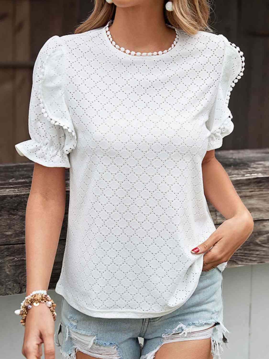 Pom Pom Detail Openwork Flounce Sleeve Blouse