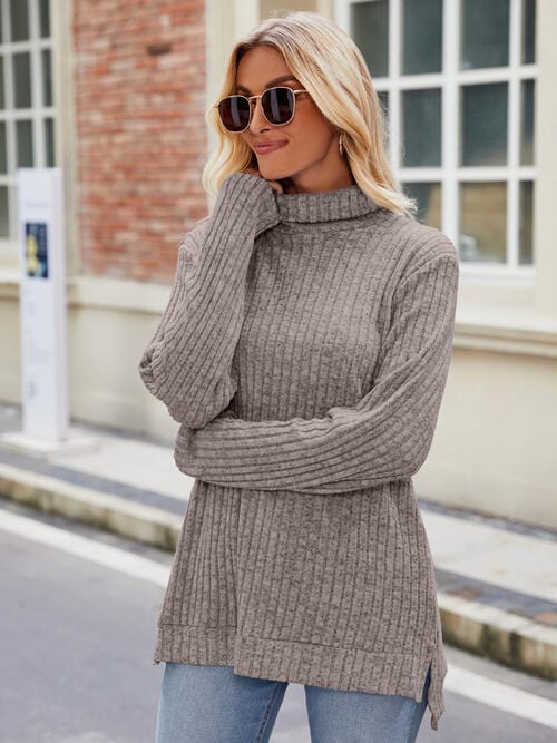 Laken Jay Ribbed Turtleneck Long Sleeve Slit Knit Top