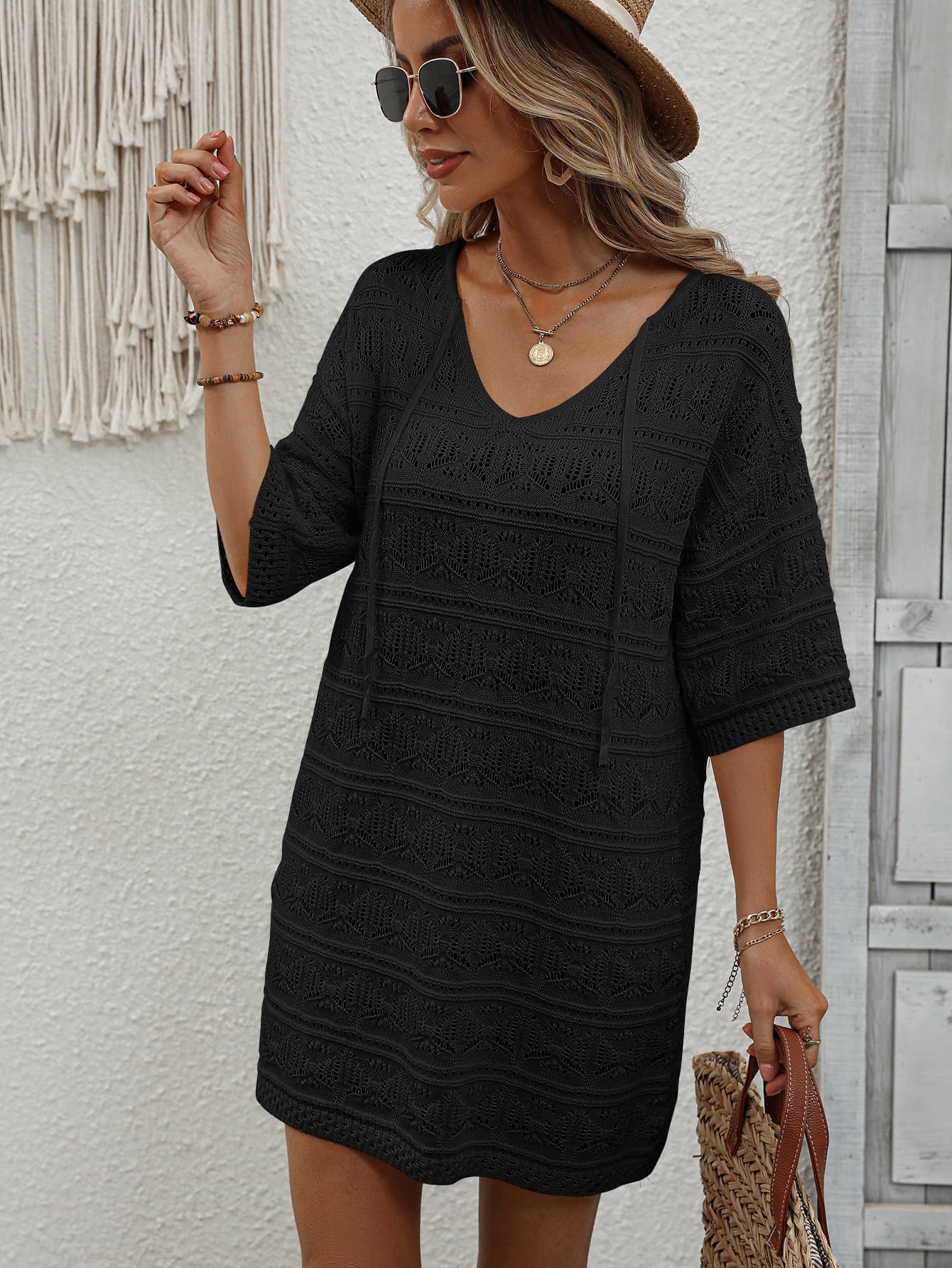 SOCHIC Openwork V-Neck Mini Knit Dress