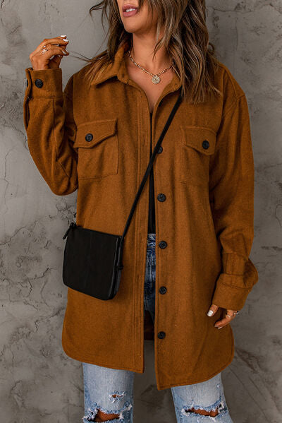 Chestnut Brown Pocketed Button Up Dropped Shoulder Jacket