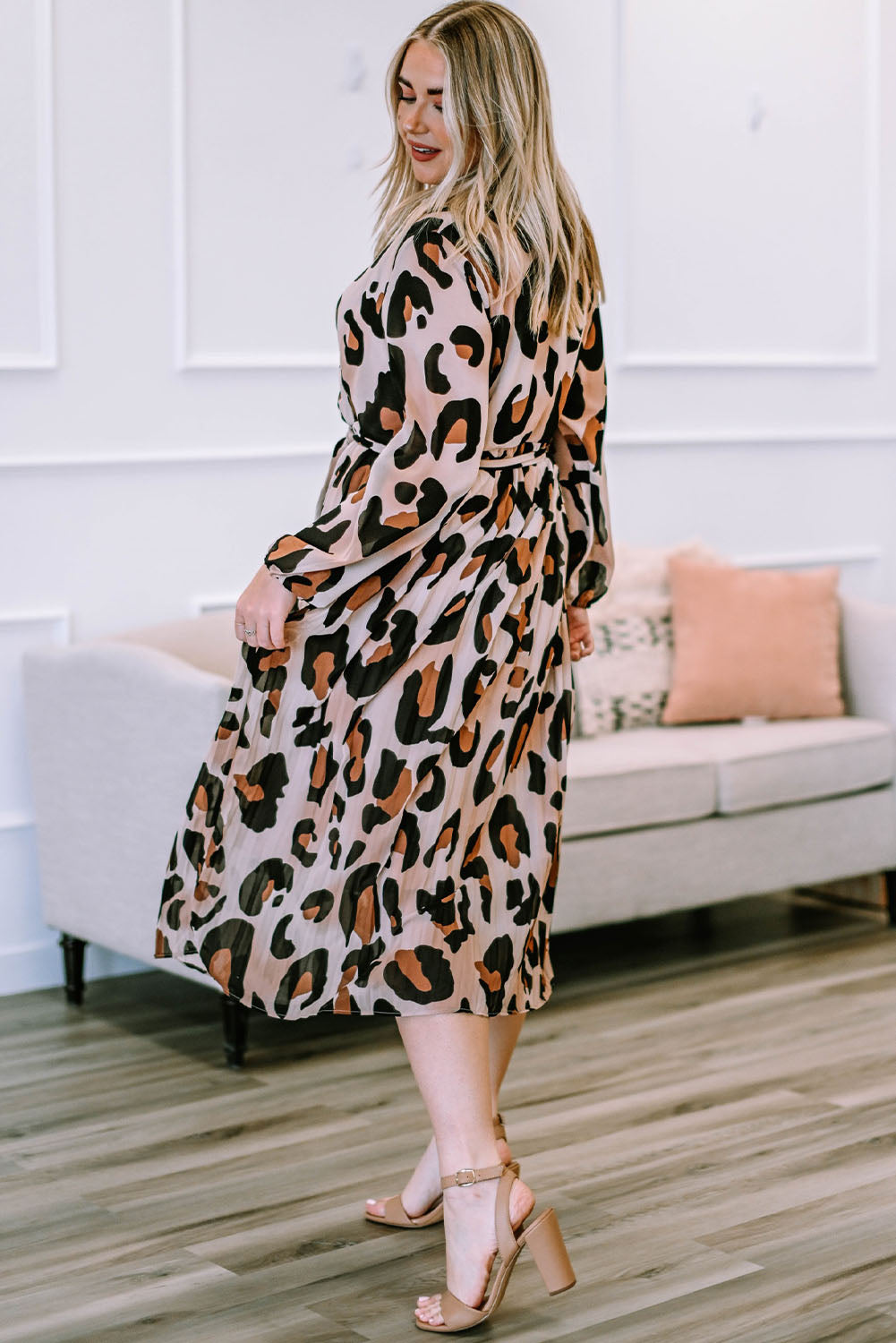 ZaLaquite Plus Size Leopard Print Surplice Neck Long Sleeve Midi Dress