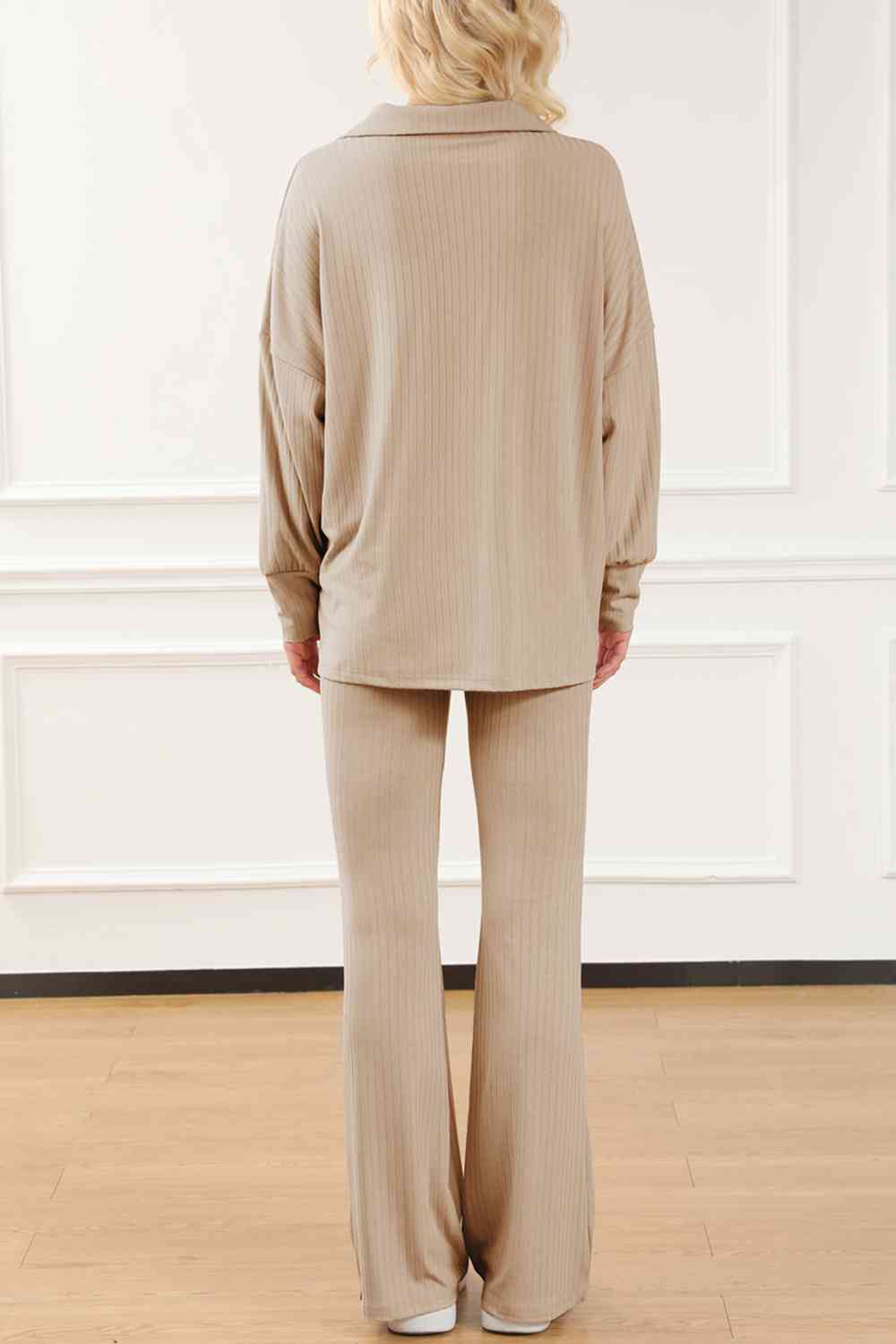 Sand Brown Collared Neck Drop Shoulder Top and Pants Set