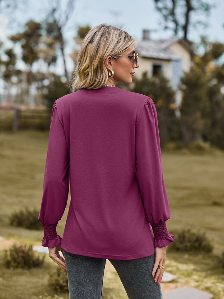 Full Size Notched Neck Flounce Sleeve Blouse