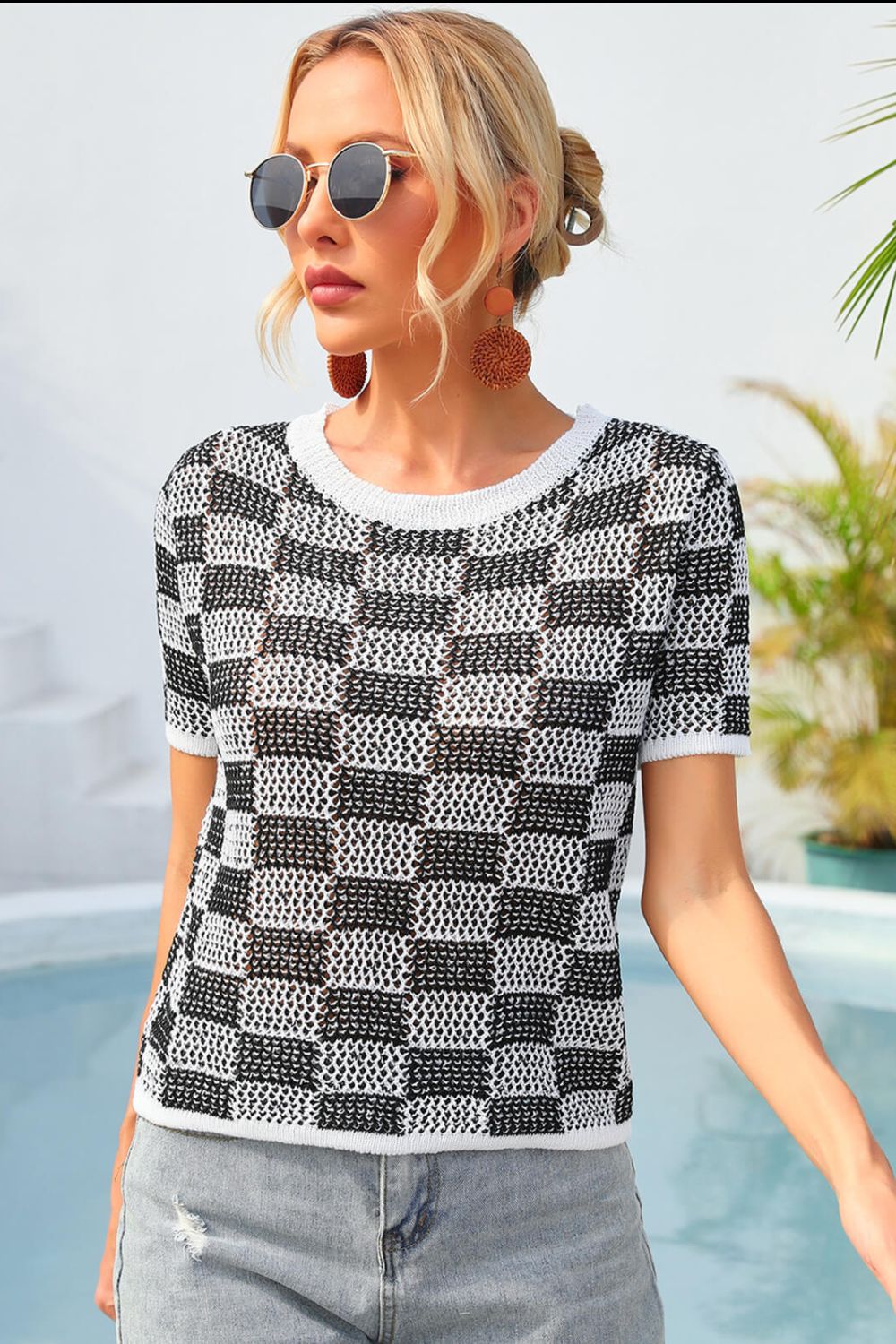 Women's Checkered Short Sleeve Knit Top