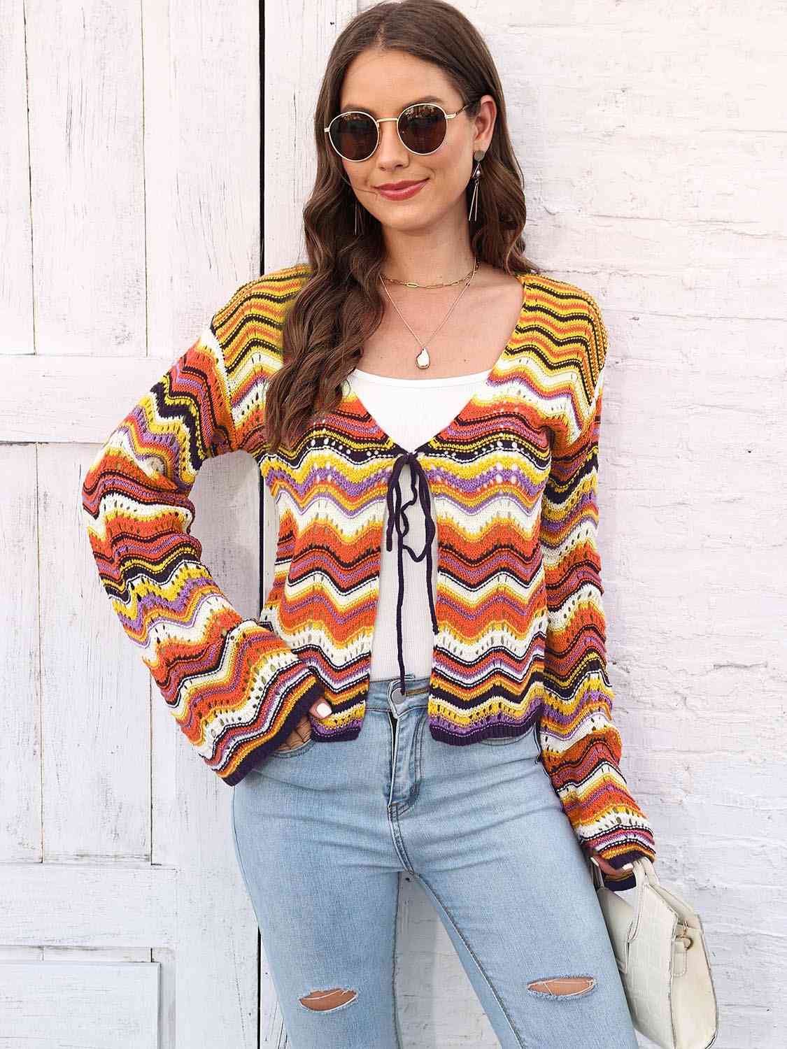 Striped Openwork Tied Cardigan