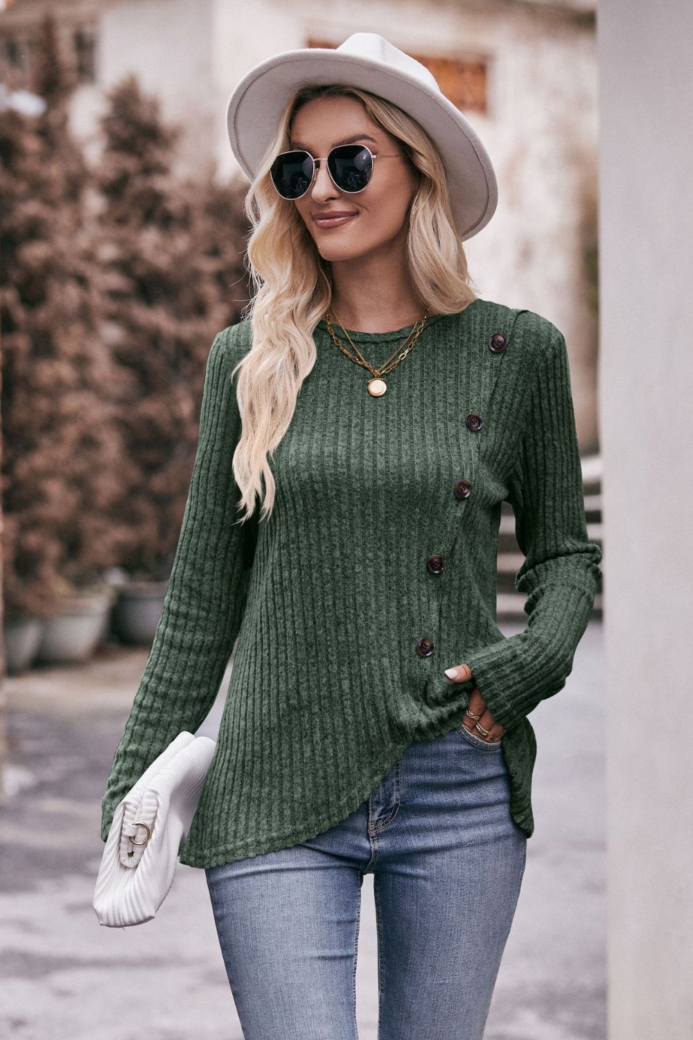 Full Size Ribbed Round Neck Buttoned Long Sleeve Tee