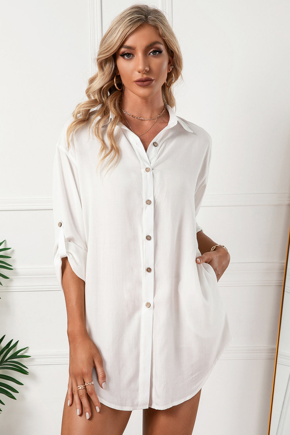 Full Size Solid Button Up Drop Shoulder Blouse