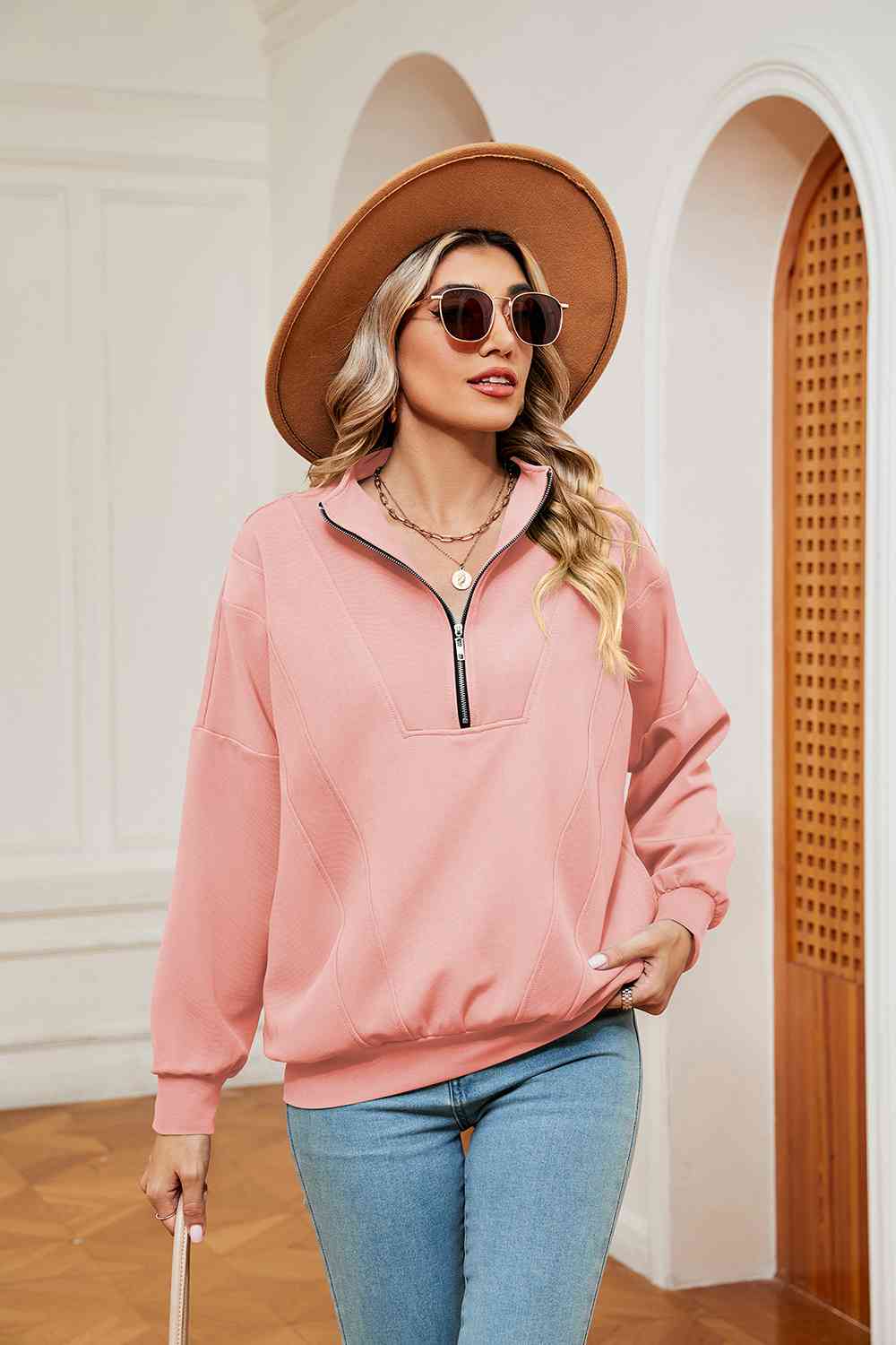 Full Size Half-Zip Dropped Shoulder Sweatshirt