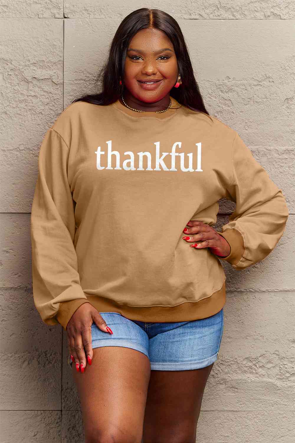 Simply Love Full Size Thanksgiving THANKFUL Graphic Sweatshirt