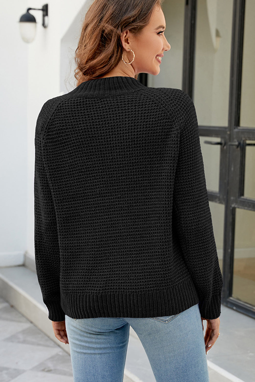 Chic Babe' Waffle-Knit Round Neck Reglan Sleeve Sweater 🦋